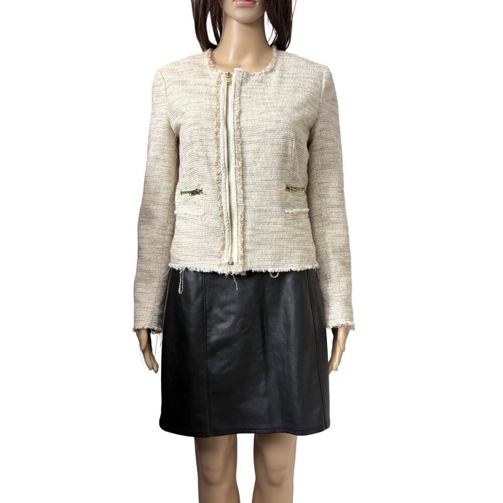 MNG Casual Women's Jacket Size 4 Beige Full Zip Lined Pockets Long Sleeves EUC